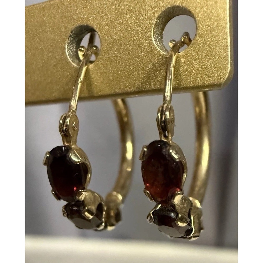 10K Yellow Gold Garnet Half Hoop Huggie Earrings Oval Stones
